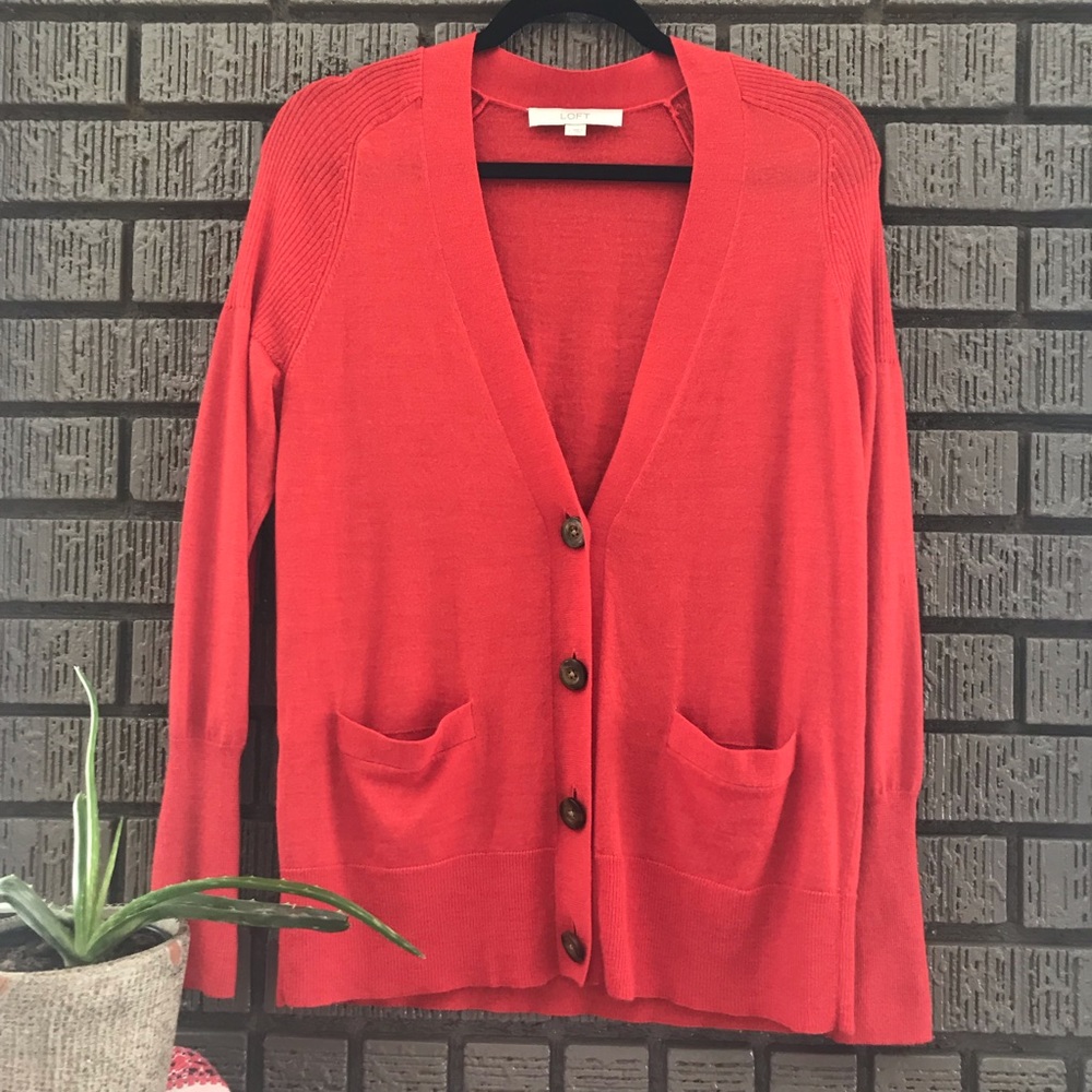 LOFT • Red-Orange V-Neck Cardigan Size Large